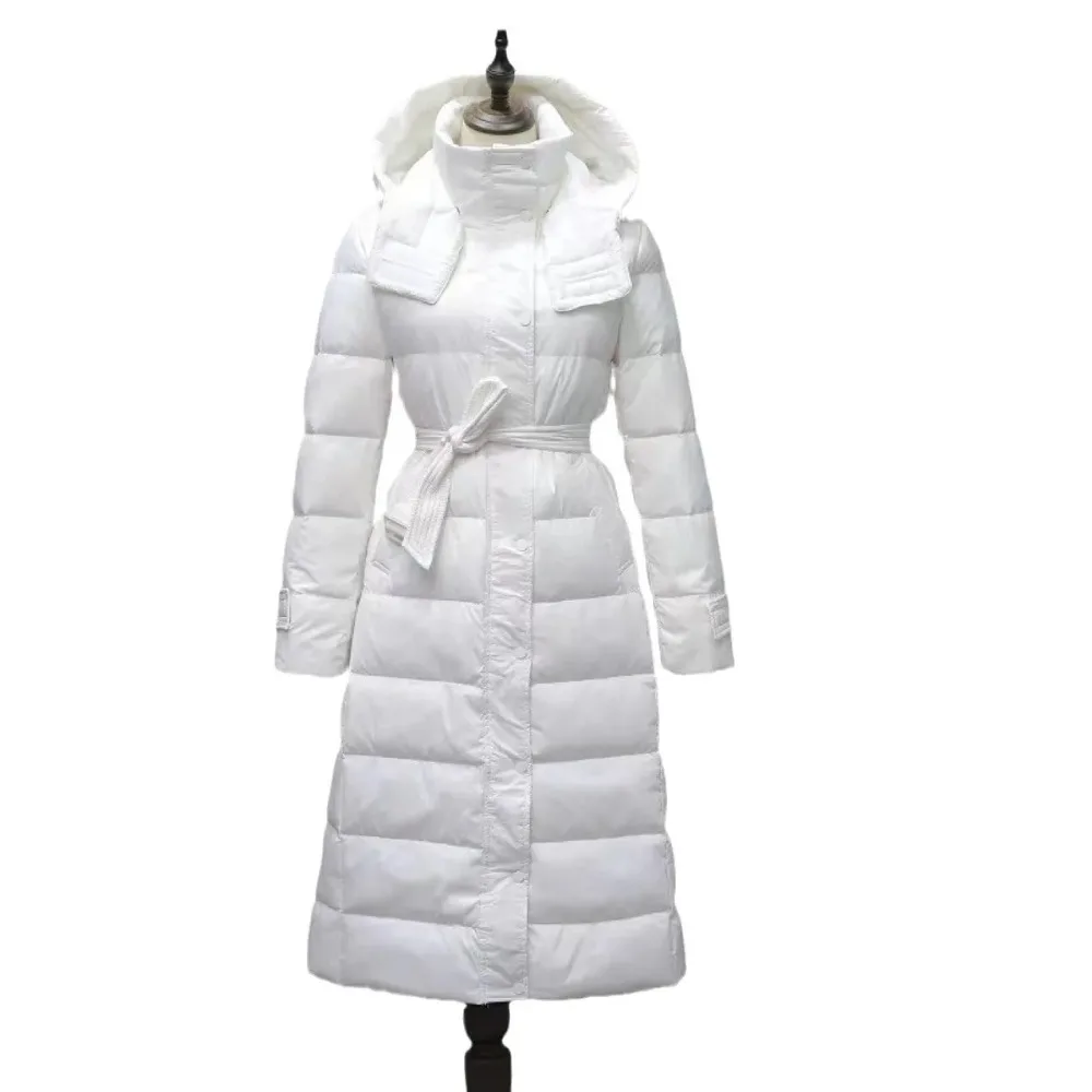 2024 New Winter White Duck Down Jacket Women Long Hooded Warm Belt Slim Down Coat Female Korean Office Lady Casual Fashion