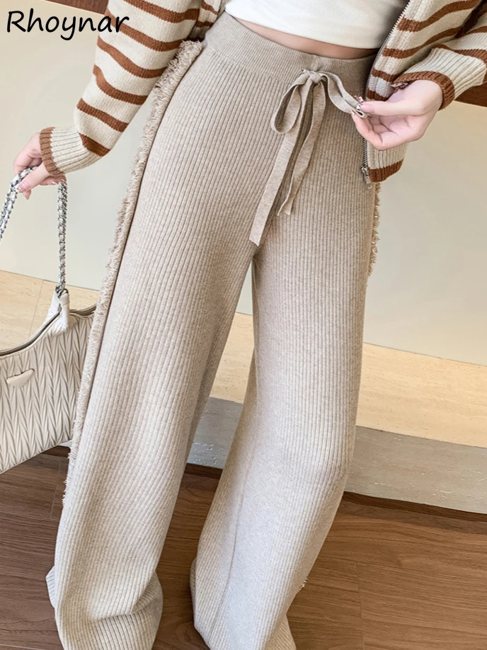 

Thicken Pants Women Solid Tassel Knitted Wide Leg Mopping Slender High Waist Lace-up Slimming Leisure Simple All-match Ulzzang