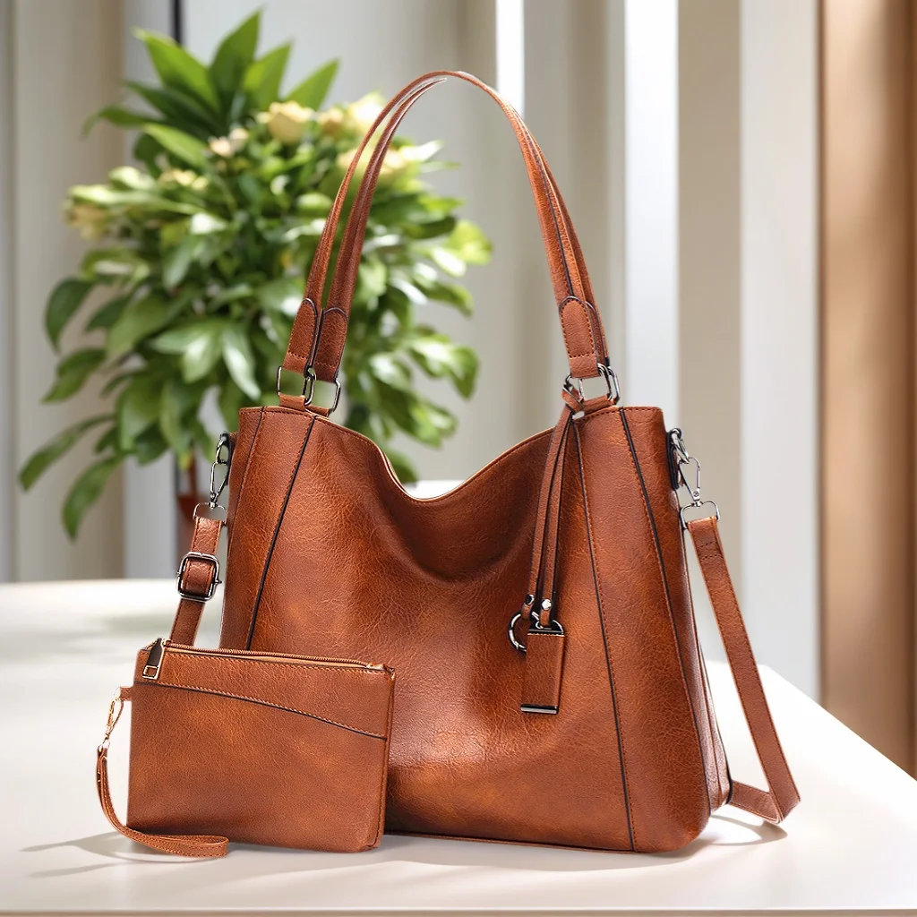 

Large Capacity Casual Tote Bag+Purse 2pcs Retro Designer Women Handbags Pu Leather Multi-pocket Ladies Shoulder Crossbody Bag