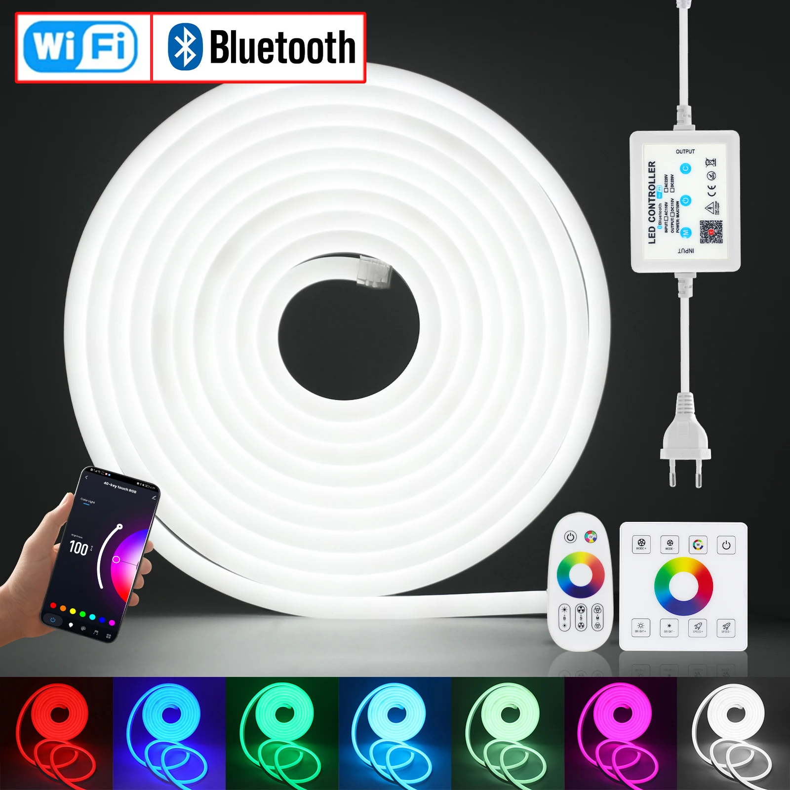 

Tuya WIFI Bluetooth AC 110V 220V RGB LED Strip With Wall Panel Touch Remote Waterproof Flexible LED Tape Neon Light