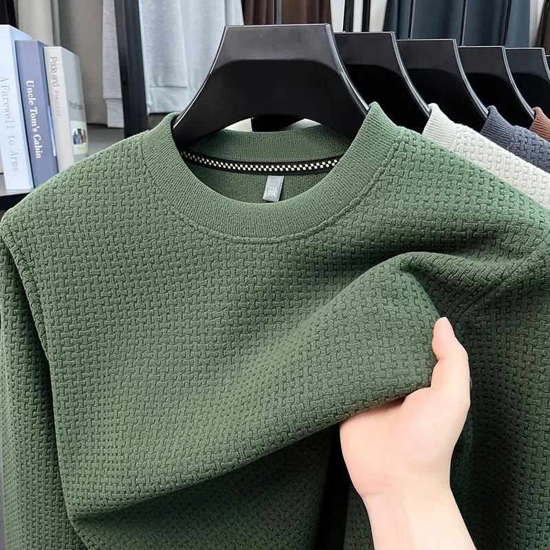 Autumn Winter Men Waffle Texture Crew Neck Pullover Long Sleeve Solid Color Loose Casual Sweatshirt Soft Comfort Daily Top
