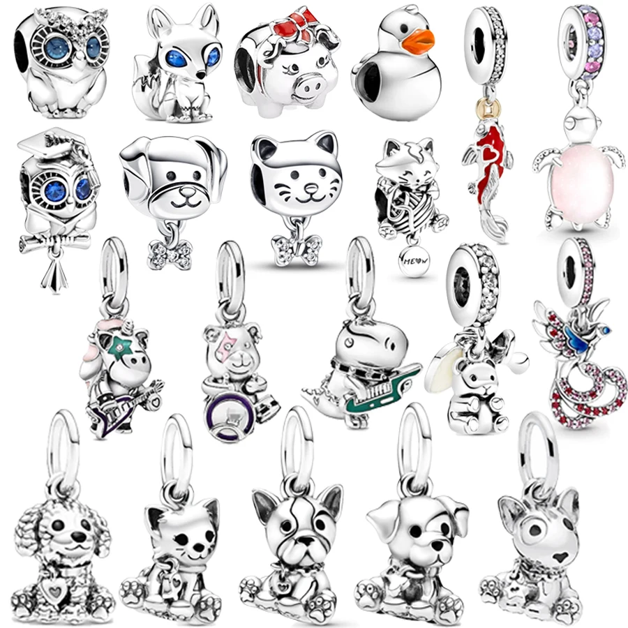 Animal Series Bead Dog Owl Turtle Fox Teddy Bear Dangle Charm Fit Original European 925 Sterling Silver Bracelet DIYJewelry Gift