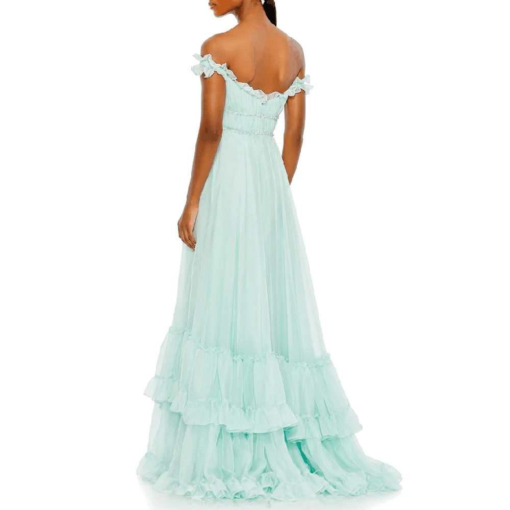 สีเขียวElegant Prom Party Dressesผู้หญิงความยาวชั้นปิดไหล่แขนกุดกวาดรถไฟเครื่องแต่งกายกิจกรรมพิเศษสาวเสื้อผ้า
