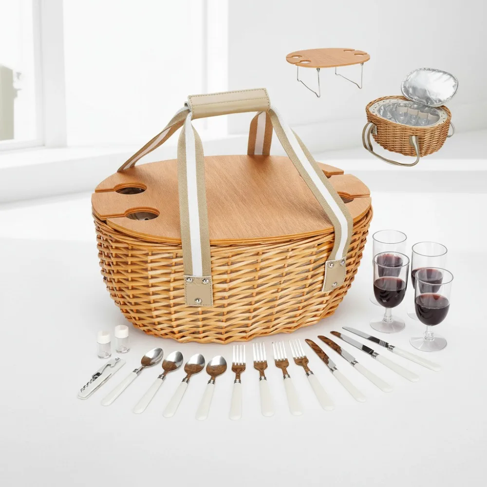 

4-Person Insulated Picnic Basket with Folding Table, Willow Hamper Set for Outdoor Camping Beach Family