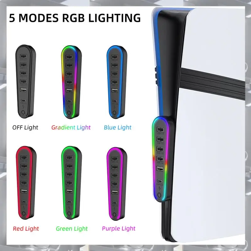 Hot Selling-6-In-1 USB 2.0 HUB For PS5 PRO/Slim Host USB Expansion Hub Splitter Data Transmission Extender With RGB Light,6-In-1
