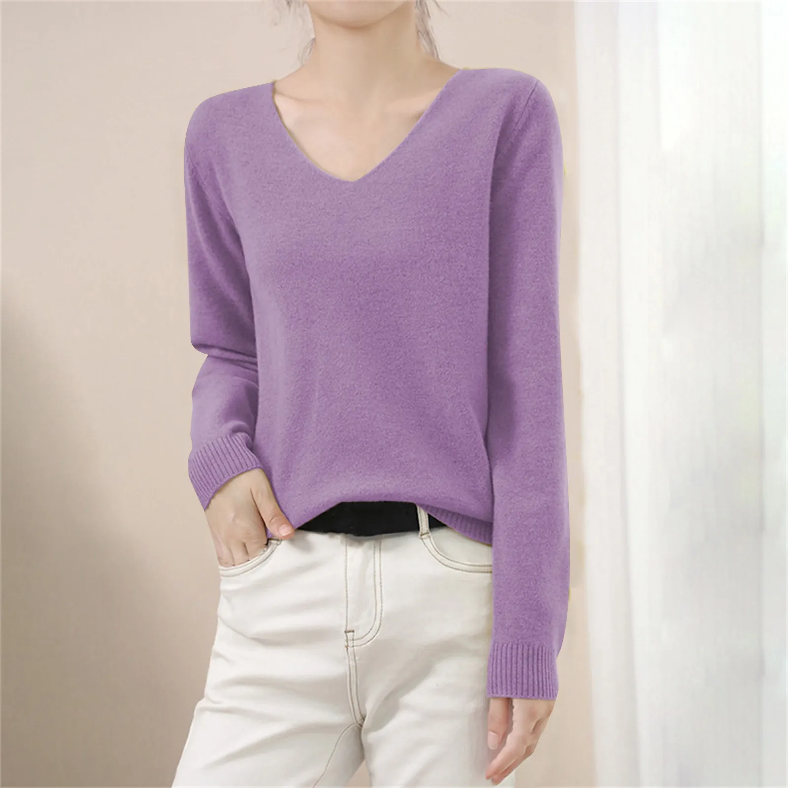 Winter Knitted Sweater Women's Low Neck V Neck Warm Base Sweater Long Sleeved Solid Color Tops Casual Jumpers Stretch Pullovers