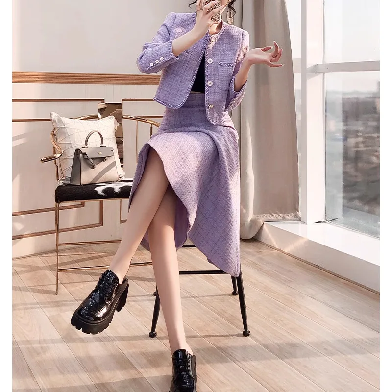 Women's tweed 2-pcs set purple long sleeved round neck jacket+skirt 2024 new spring/autumn small fragrance style set