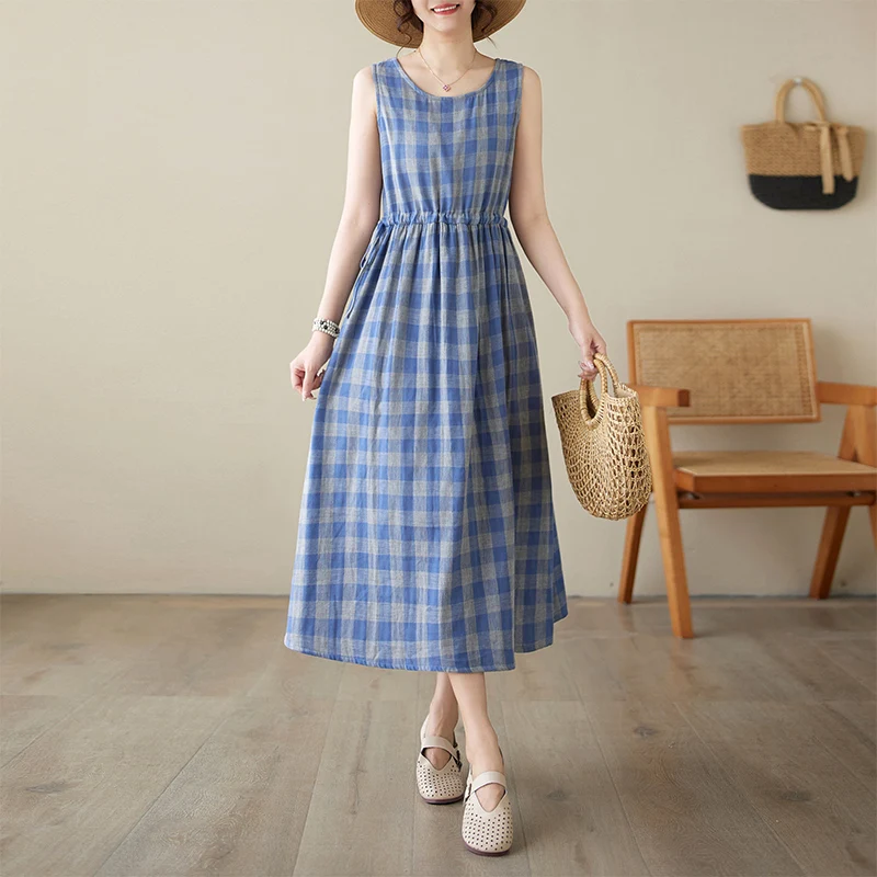 Verão svel algodão dr feminino faion redondo ne dupla camada xadrez fino a linha vestido artístico sle cintura solta