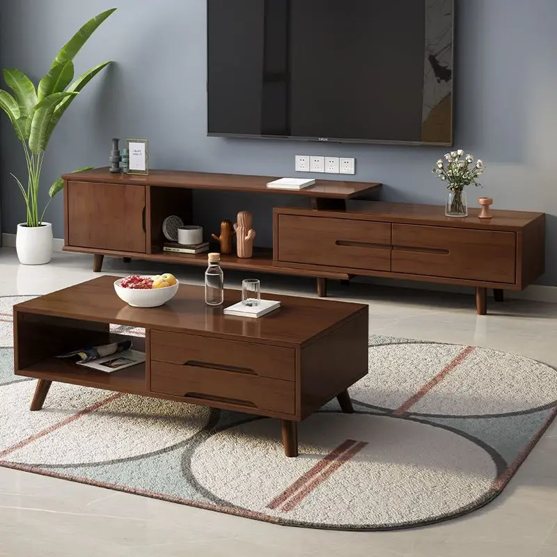 Nordic Contemporary Simple Solid Wood TV Cabinet Coffee Table Set Multi-Functional Telescopic Stand Storage Custom Color Small