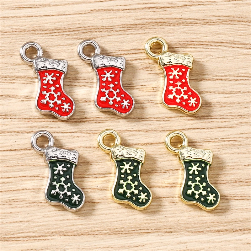 5 Stück 10x16mm Niedliche Emaille-Weihnachtsschneeflocken-Socken-Anhänger für die Herstellung von Ohrringen, Halsketten, DIY-Bastelarbeiten, Schmuckzubehör – Detail 2