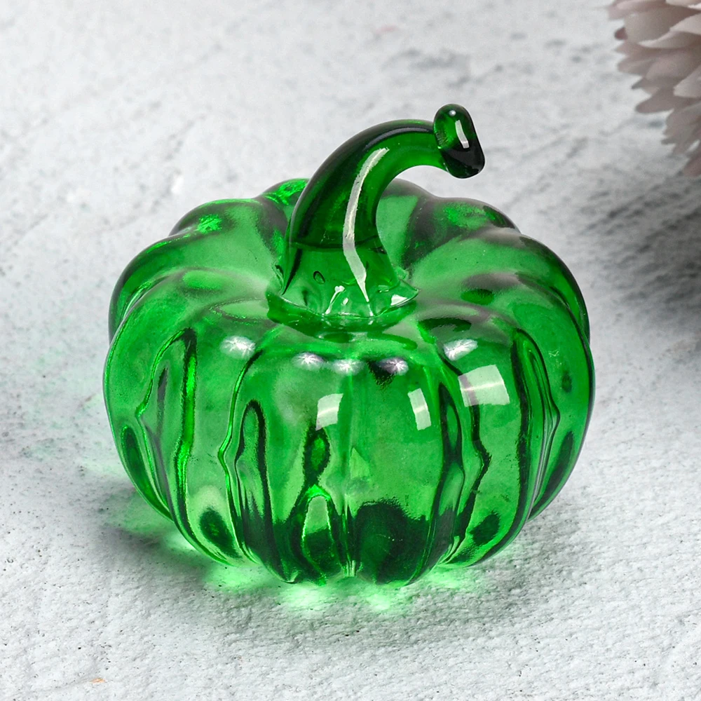 Green Crystal Pumpkin Figurine Hand Blown Glass Pumpkin Collection Tabletop Decorating Ornament Fall Harvest Party Decor