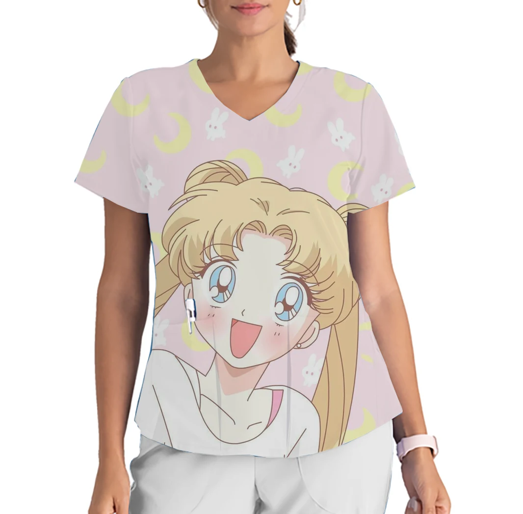 Sailor Moon V-Neck Print Scrub Top kreskówkowy wiosenny i letni strój do pracy szpitalnej okulistyki z krótkim rękawem