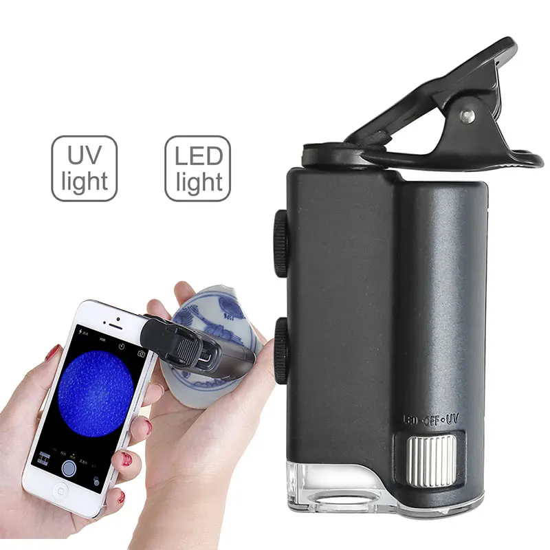 Lupa com Clip para Celular Microscópio Monocular Lupa Universal Lâmpada Led uv 60x100x