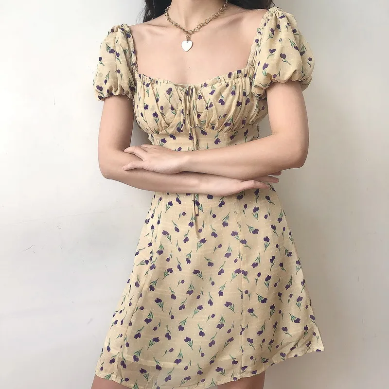 

Summer Chiffon Tulip Flower Print Fairy Dress Elegant Puff Sleeve Boho Floral Women Mini Sexy Yellow Dresses 2024 Robe Vintage