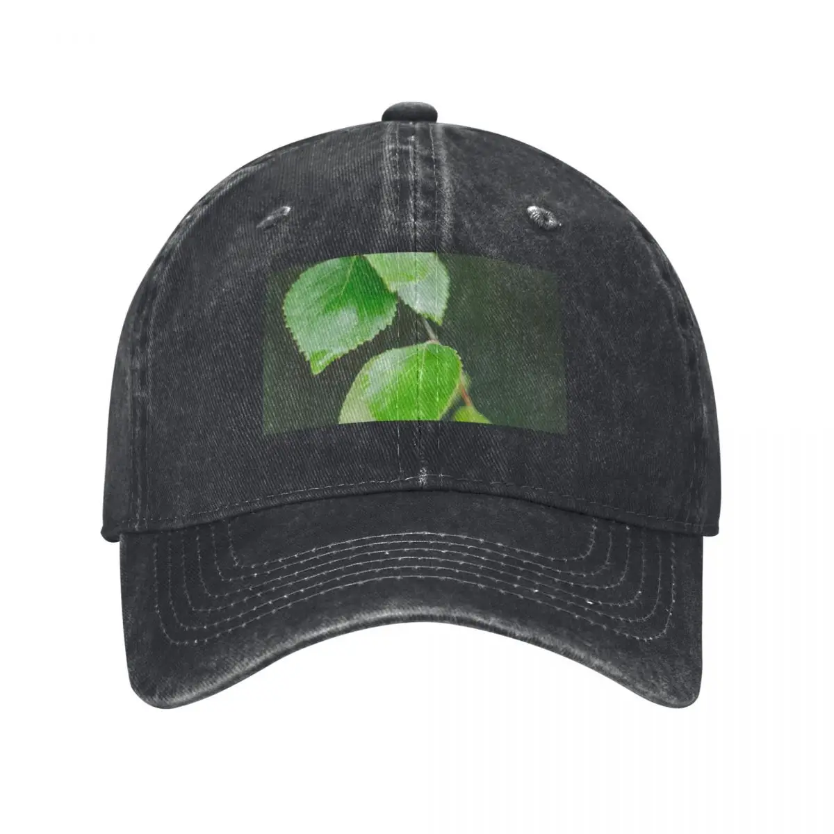 green birch leaves with drops of water after rain closeup Baseball Cap Beach Outing Mountaineering Men's Baseball Women's