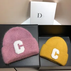 Real Rabbit Fur C Letter Knitted Hat Korean Fashion Women Winter Hats Outdoor Warm Walking Beanie Ear Protection Wool Cap