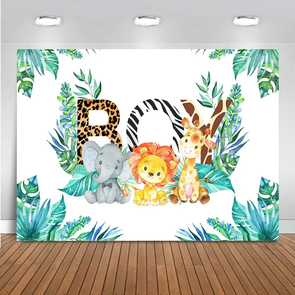 Mocsicka Safari สัตว์ Baby Shower ฉากหลัง Jungle Safari Blue Stripes พื้นหลัง Boys Safari Baby Shower Party ตกแต่ง