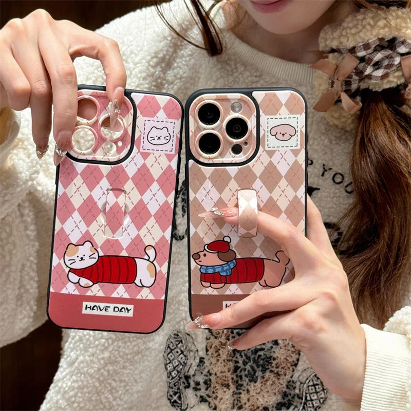 Invisible Bracket Lingge Cat and Dog Phone Case for Iphone 11 12 13 14 15 16promax