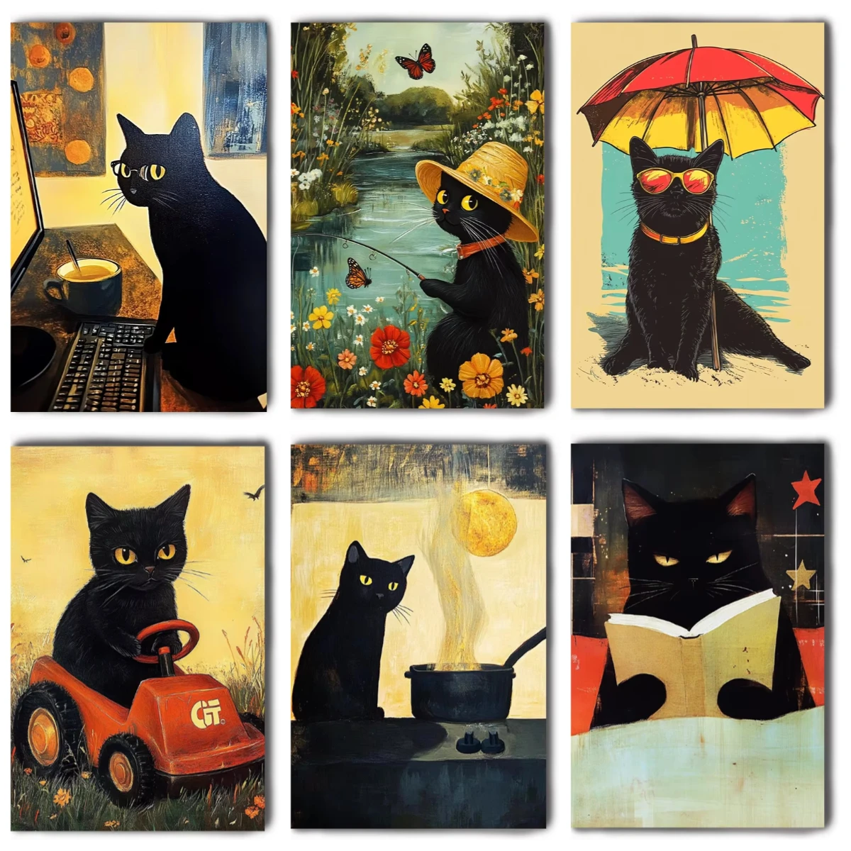 Oil Painting By Numbers Retro Funny Black Cat Unframed Canvas DIY Hand Painted Cartoon Animal Wall Art Living Room Home Decor