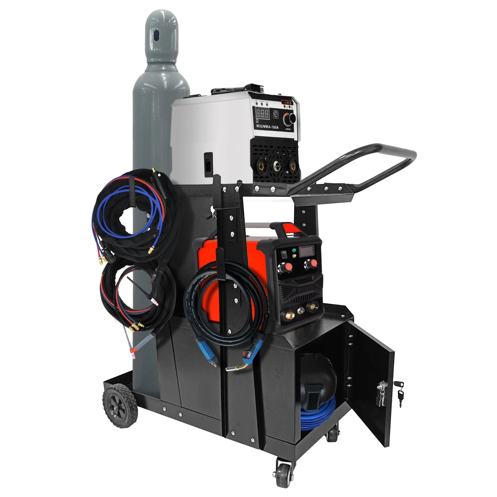 Welding Cart with Lockable Cabinet, 2 Tier Heavy Duty Welder Cart for Mig Welder TIG Welder and Plasma Cutter with 360° Swivel Wheels and Safety Chains, 220 Lbs Capacity view 6
