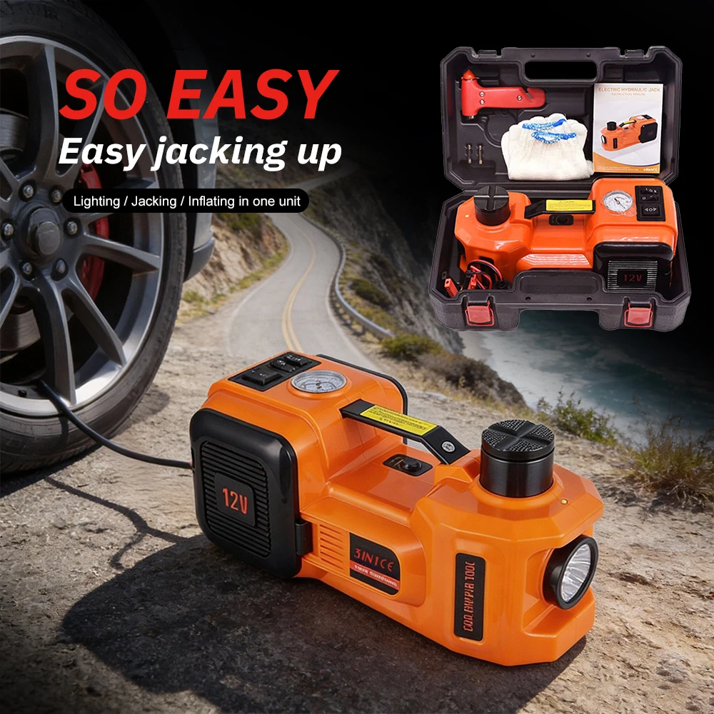 12V Electric Hydraulic Jack 3-in-1 Portable Jack Heavy Duty Car Lift Tire Changing Tool with Toolbox for SUV Off-Road