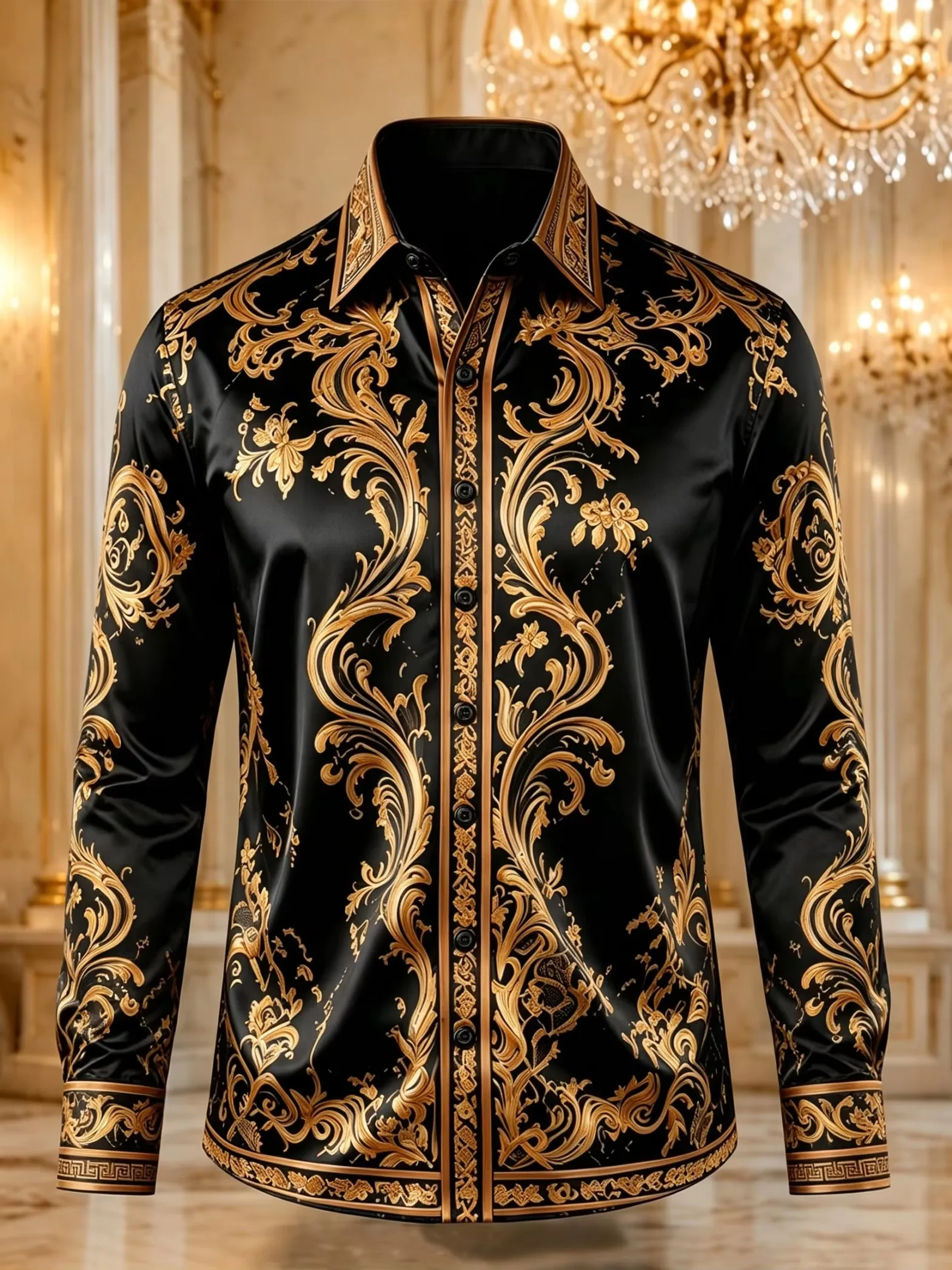 New Men's Autumn Long-Sleeve Shirt Vintage Floral Print Collared Button-Down Loose Plus-Size Fit Luxurious Style Formal Shirt