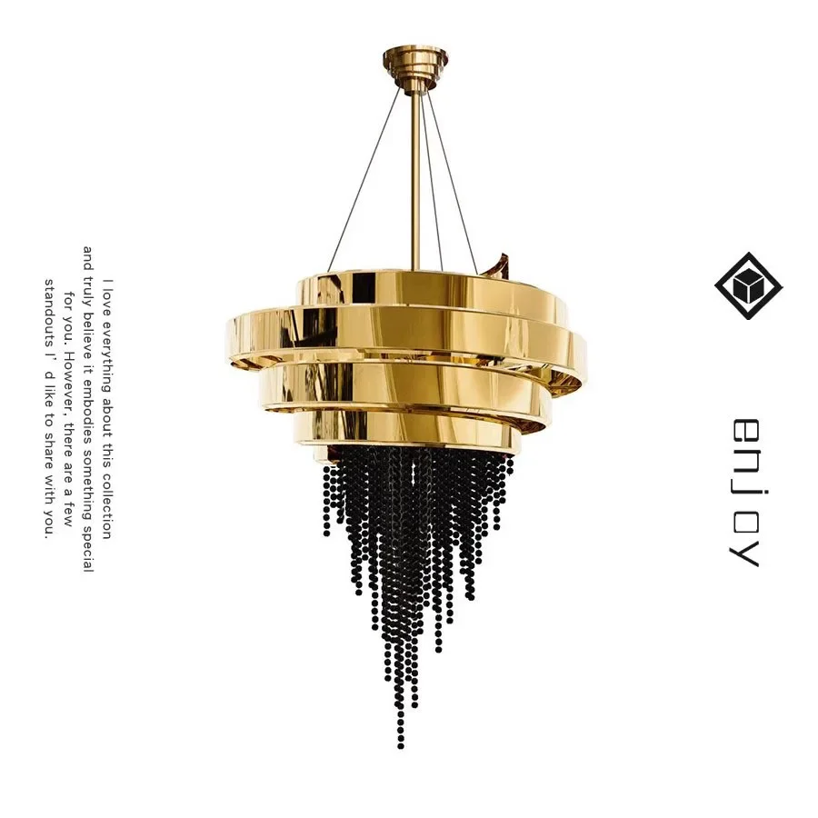 American Retro Wrought Iron Led Home Lighting European Style Golden Hotel Bedroom Living Room Tassel Black Bead Pendant Lamps