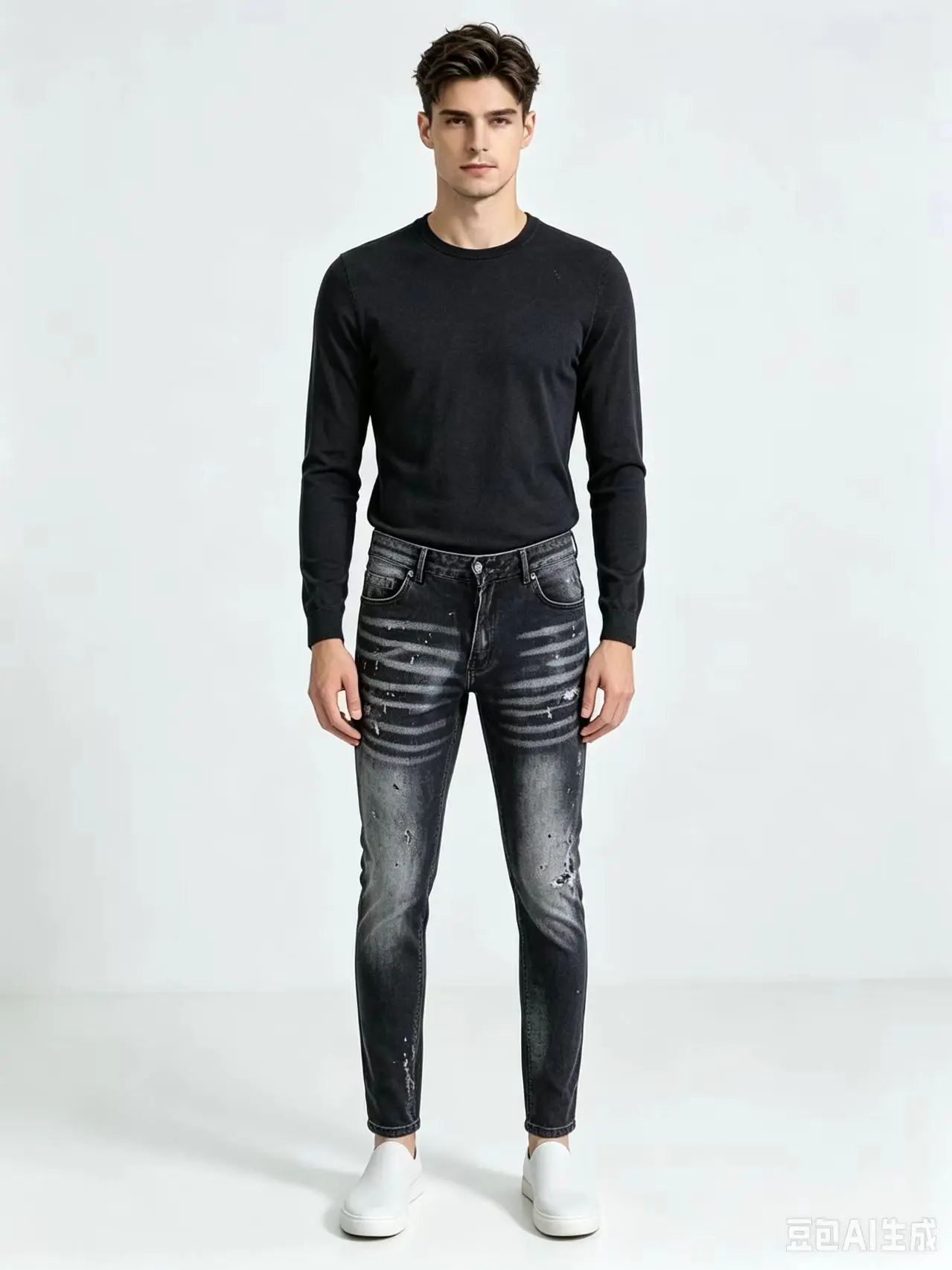 Men's High Street Hip Hop Graffiti Scratch Wash Elastic Tight Jeans Black Grey Fashion New Pants Y2K