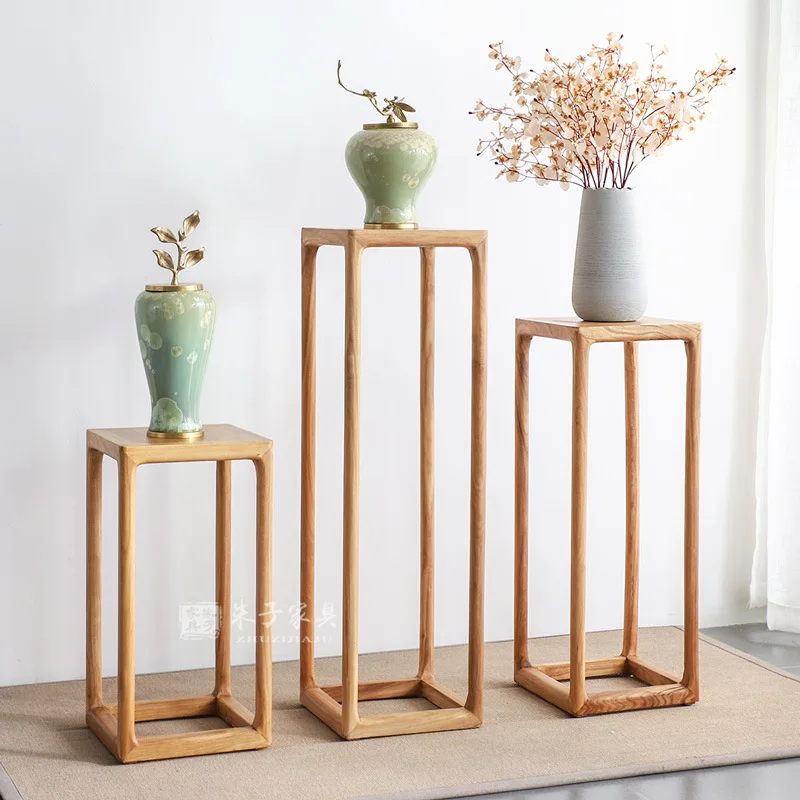 New Chinese-style solid wood balcony double-layer flower table elm zen modern simple living room flower pot stand household flow