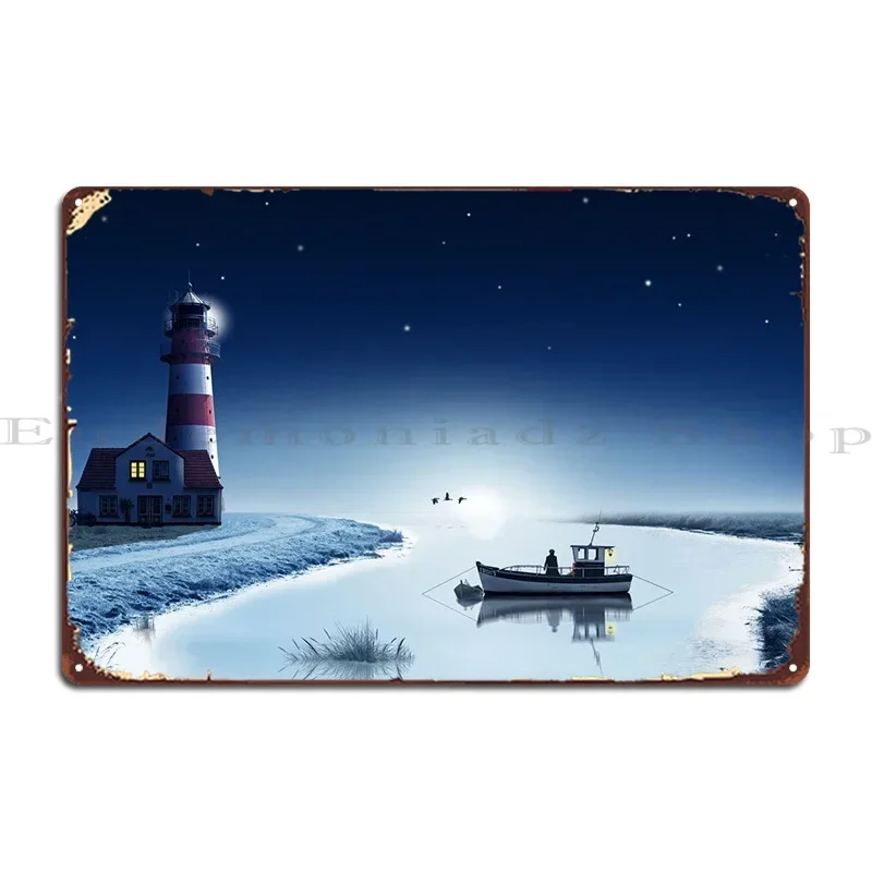 Starry Sky Above The Lake In Winter. A Fisherman In The ... Metal Sign Living Room Garage Funny Designing Printing