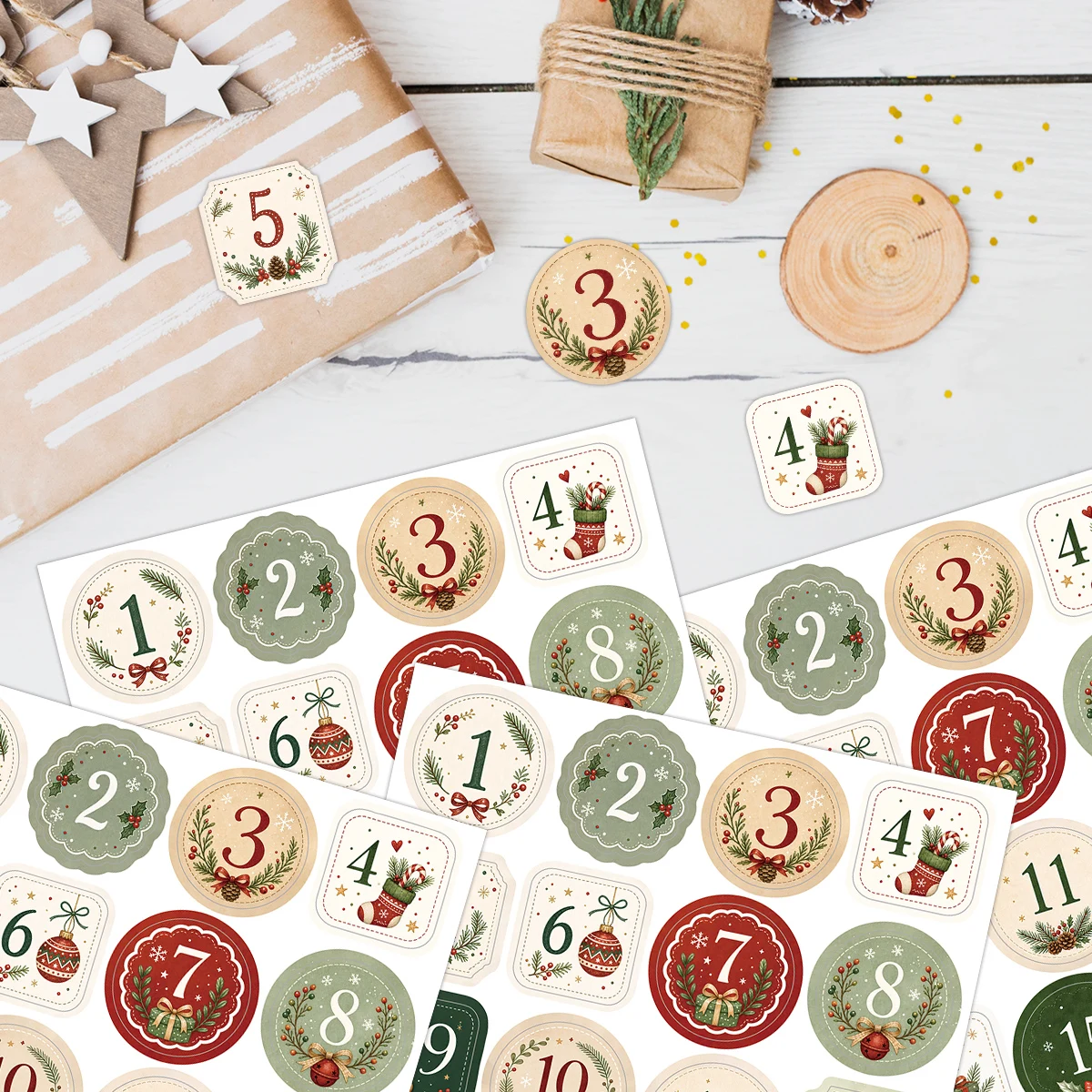 96 Stück – 4 Blatt Weihnachts-Adventszahlen-Aufkleber, 1-24 Countdown-Aufkleber, Zubehör zur Herstellung eines Adventskalenders, Geschenkverpackungsanhänger, Dekoration – Detail 3