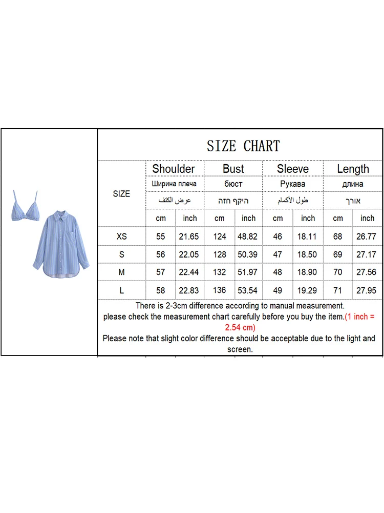 TRAF Oversized Women Striped Printed Blouses+Bra Sets 2024 New Fashion Long Sleeve Lapel Shirt Summer Loose Casual Blouse Tops