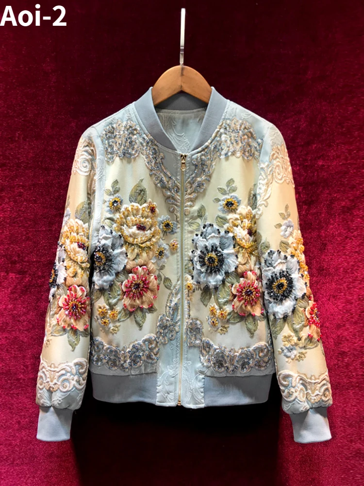 Rhinestone Embroidered Baseball Suit Women Spring Autumn New Vertical Collar Long Sleeve Casual Fashion Plus Size Jacket Coat2XL