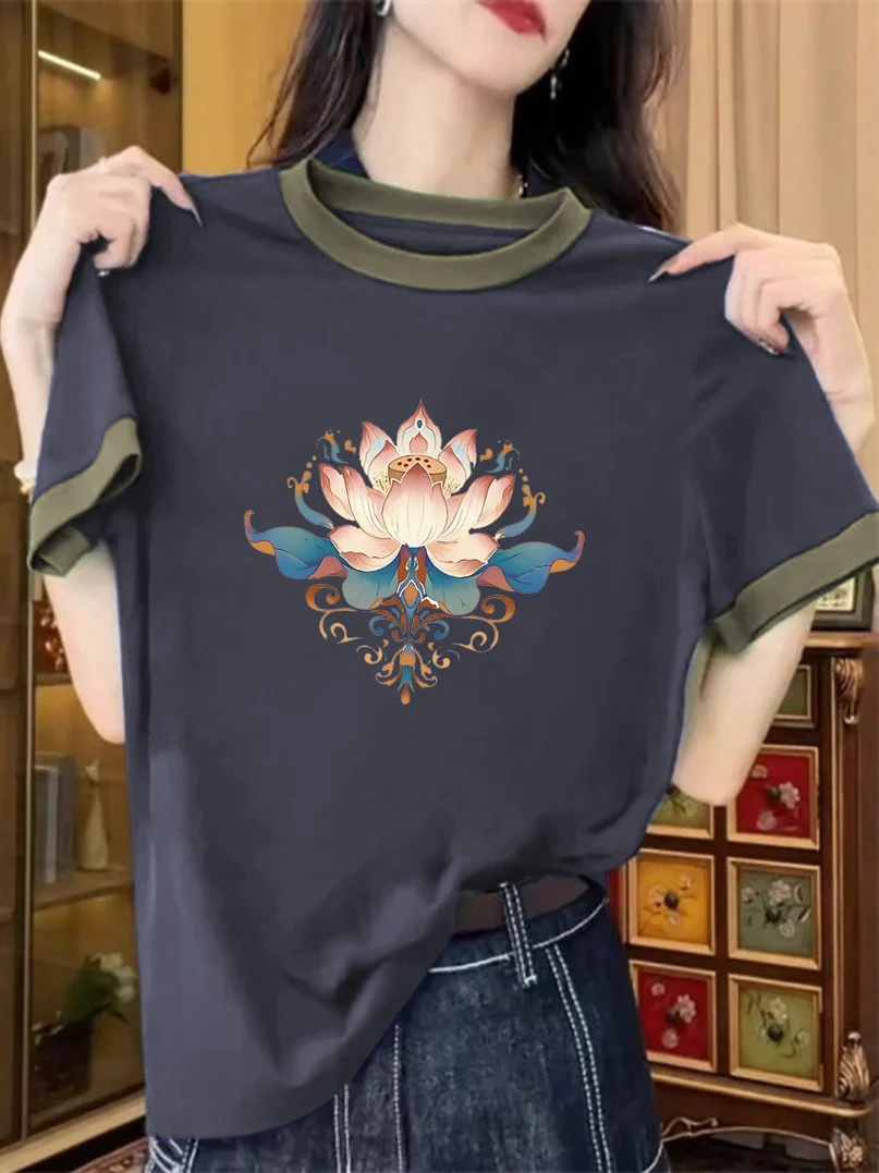 Loose Fit Pure Cotton Short Sleeve round Neck T-Shirt Summer New Style Meat Concealing Slimming Top Color Block Printed Casua...