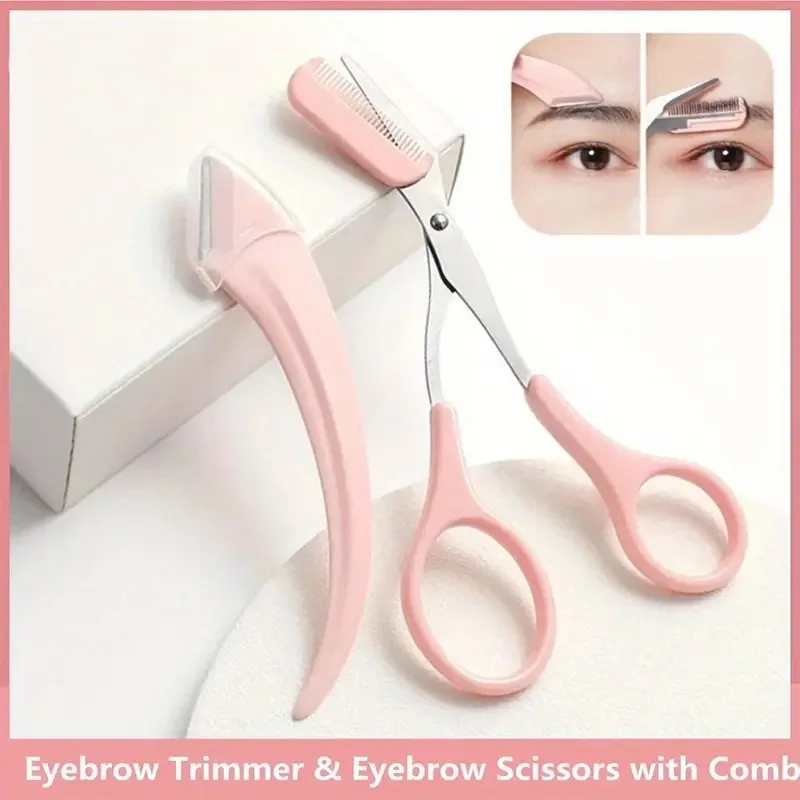 3-Piece Eyebrow Trimmer Set - Curved Razor, Scissors, Comb - Eyebrow Grooming Tools Female Face Shaping Care Tools