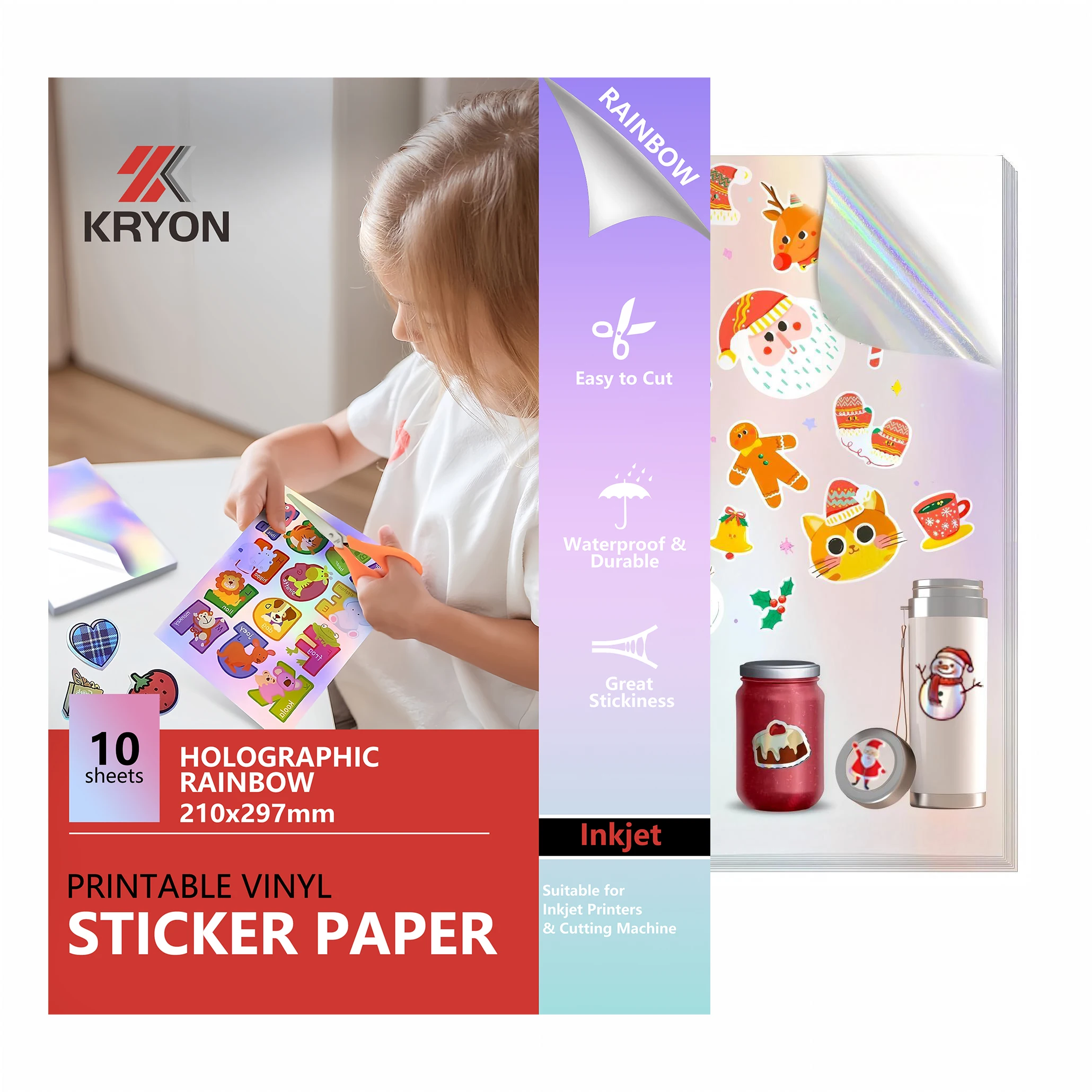 Inkjet Printable Holographic Rainbow Vinyl Sticker Paper, Waterproof, Dries Quickly Vivid Colors, Holds Ink Well- Tear Resistant