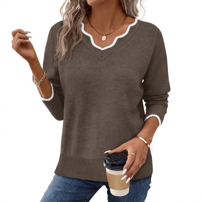 

Europe America Autumn Winter New Arrival Color Block Pullover Women Sweater Simple Elegant Casual Knitted Base Layer