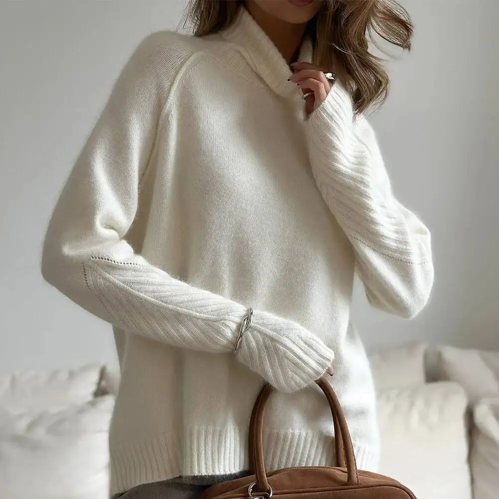 Pull à col haut pour femme, tricoté blanc, ample et décontracté, nouvelle collection automne hiver 2025