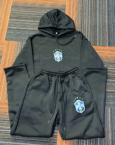 Unisex Fleece Tracksuit 2Pcs Set Hooded Sweatshirt Wide Leg Sweatpants Oversized Streetwear Matching Outfit Men Women Daily Wear