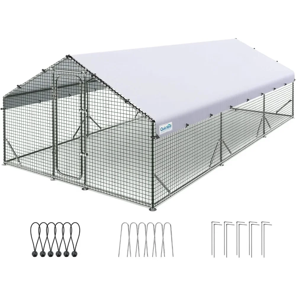 

Large Metal Chicken Coop Run with Galvanized Hardware Cloth and Waterproof Roof Cover, Outdoor Walk-in Cage Peak Hen House