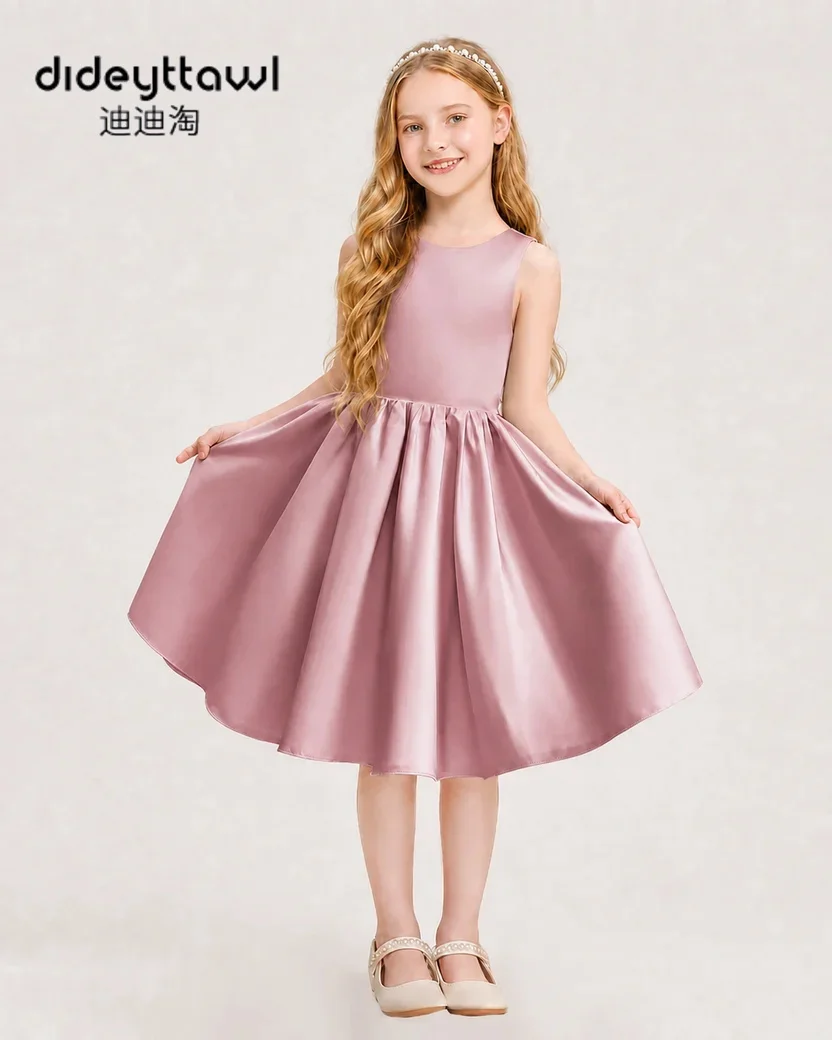 Dideyttawl Sleeveless Satin Flower Girl Dress Hollow Back Big Bow Knee Length Gown Multi Color Kids Wedding Bridesmaid Pageant