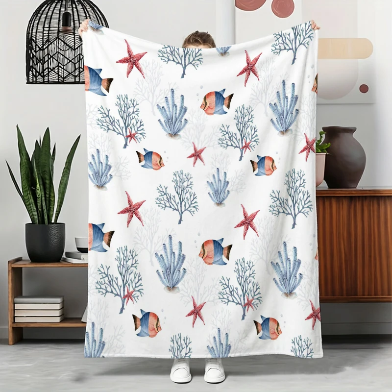 White Background Coral Fish Starfish Marine Life Flannel Blanket For Coastal Bedroom Decor Soft Warm Throw Blanket Wrap