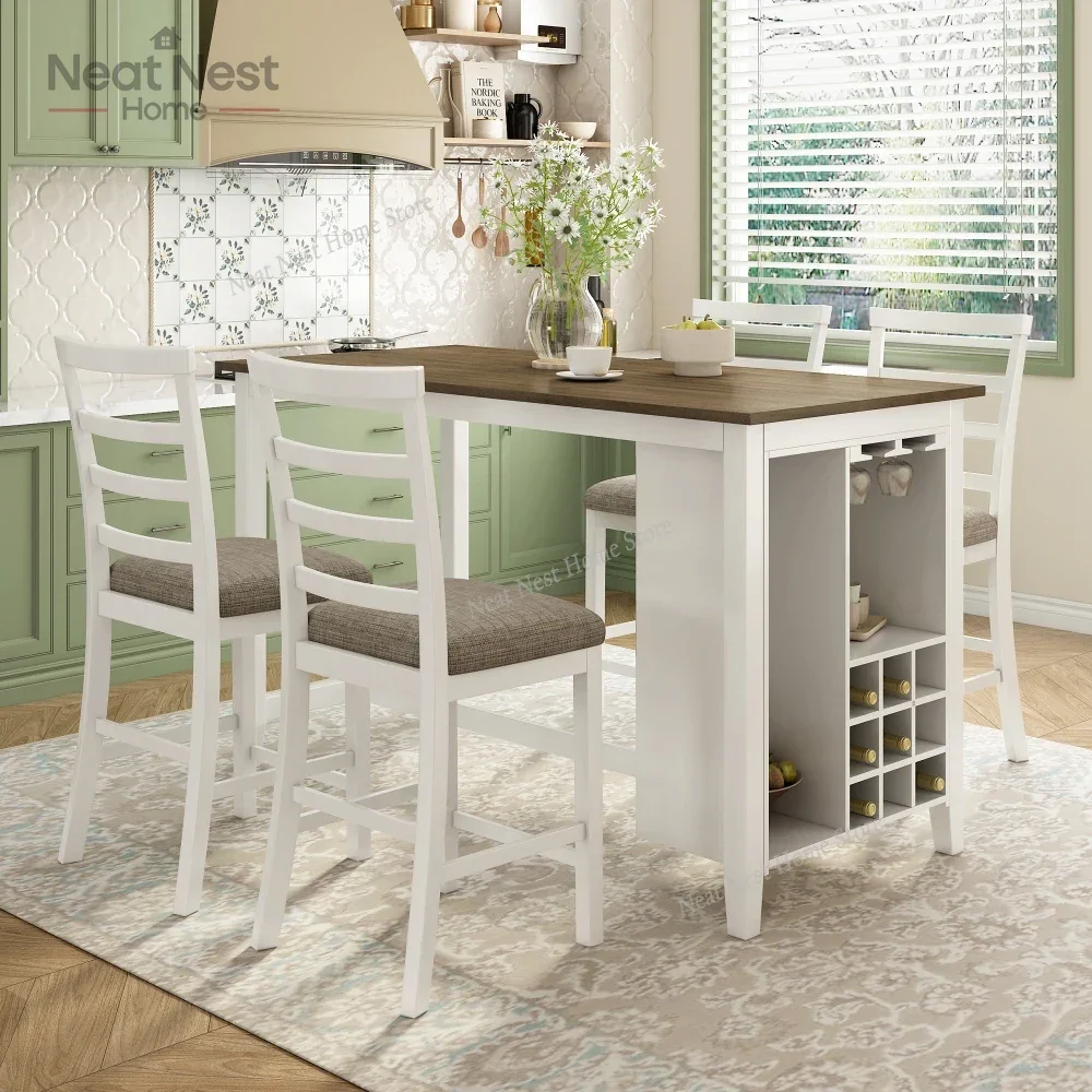 

TREXM 5-Piece Rubber Wood Counter Height Dining Set with Wine Compartment & Wineglass Holders(Brown+White Wash),dining table set