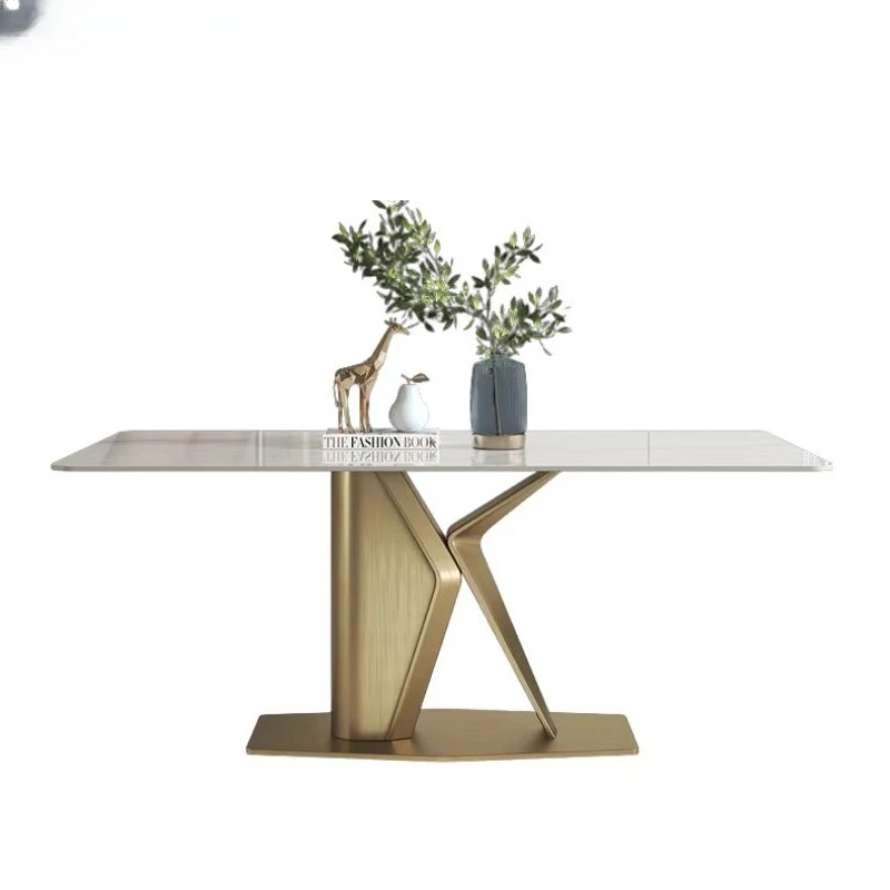 

Luxury Rock Slab Dining Room Table with Chairs Set Stainless Steel Gold Base Faux Marble Table Kitchen Furniture Masa Tablo