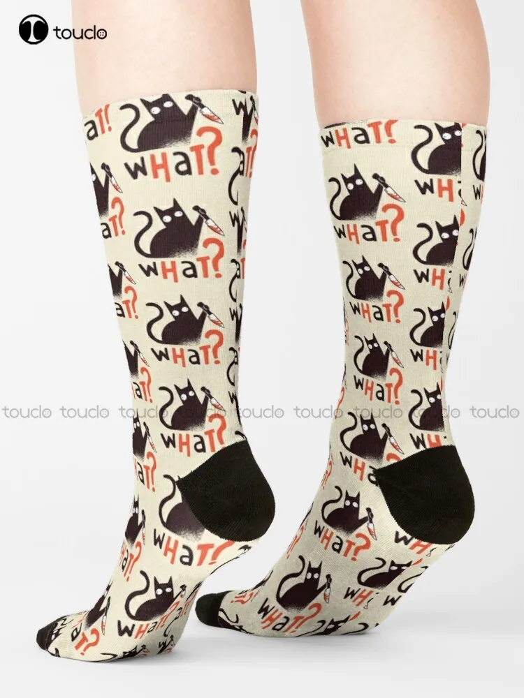 Murderous Black Cat Halloween Saying Cat What? Socks Halloween Black Socks For Men Funny Art Streetwear Colorful Cartoon Socks