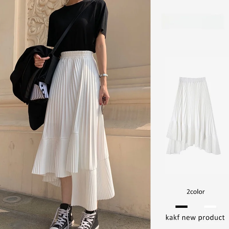 

Asymmetrical High Waist A-Line Skirt Midi Length Chiffon Women's Spring Korean Sle Commute Pleated Skirt Cake Skirt