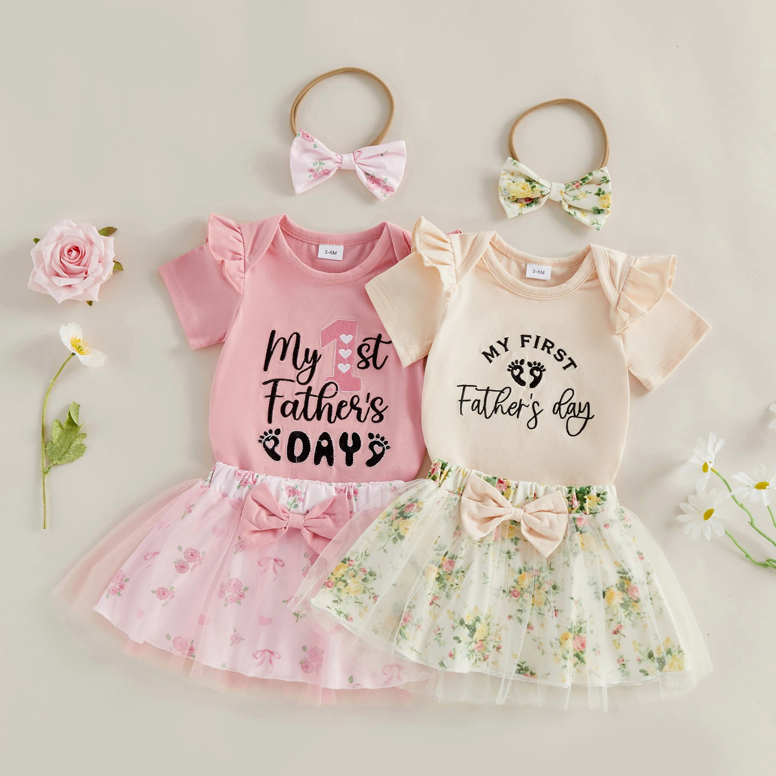 3Pcs Infant Girl My First Father's Day Outfits Crew Neck Ruffle Letters Embroidery Romper Floral Print Skirt Headband Set