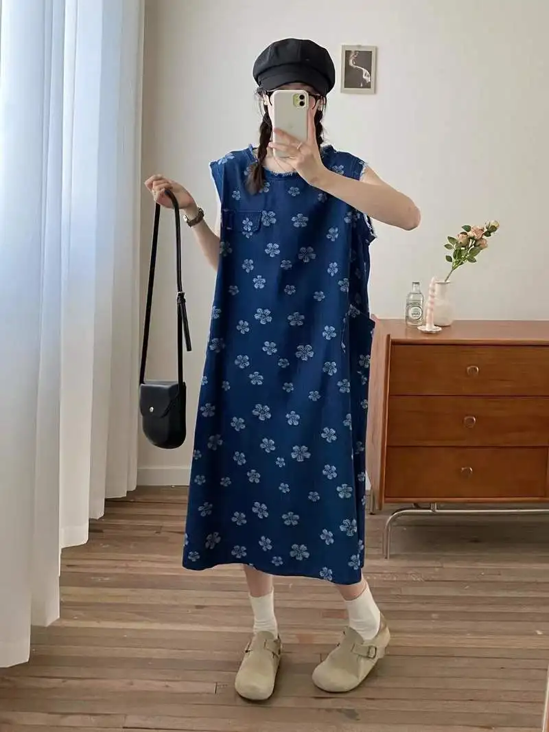 Novo 2025 verão denim algodão sem mangas vestidos, feminino o pescoço impressão, mori menina doce versátil festa solto colete vestido d54055cc