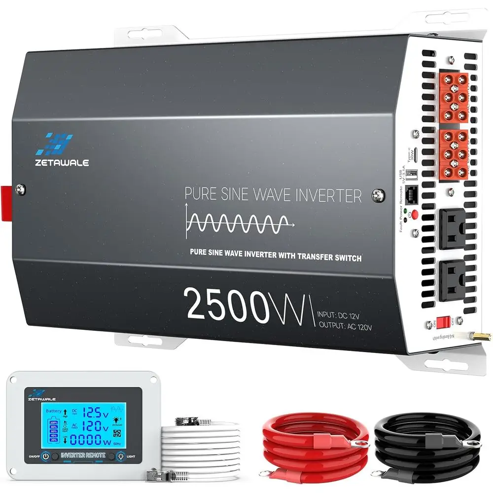 2500W Pure Sine Wave RV Inverter with Built-in ATS, 12V DC to 110V/120V AC Converter, 5000W Peak, Shore Power Automatic Bypass,