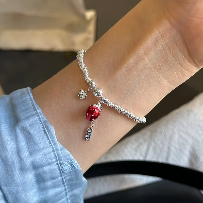 [Berry Trouble Bracelet] 925 Sterling Silver Red Oil Dripping Strawberry Long Brand Silver Circle Bead Bracelet Female B3273